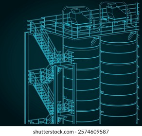 Stylized vector illustration of a silo storage system drawings close-up
