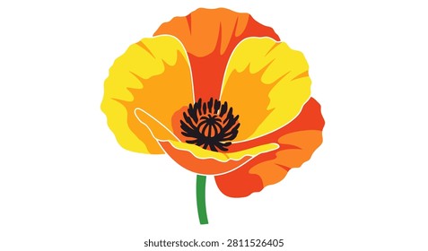 A stylized vector illustration of a single blooming poppy flower featuring bright yellow and orange petals with a dark detailed center and a green stem