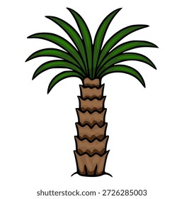 Ilustración vectorial estilizada de una sola palmera con frondas verdes exuberantes y un tronco marrón texturizado, aislado en blanco.
