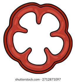 Ilustração de vetor estilizado de uma única fatia de pimenta vermelha com um contorno preto espesso e sombreamento de gradiente sutil.