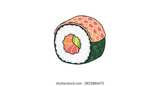 A stylized vector illustration of a single sushi roll featuring salmon, cucumber, and rice wrapped in nori seaweed.