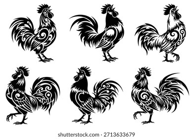 Ilustração vetorial estilizado de seis galos pretos com padrões de penas ornamentadas em um estilo de silhueta decorativa ideal para projetos culturais branding e projetos artísticos. O quadro