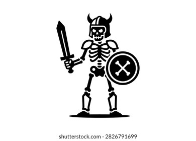 A stylized vector illustration of a skeleton warrior wearing a horned helmet and armor, brandishing a sword and a shield with a crossbone emblem.