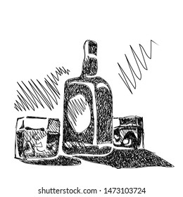 Stylized vector illustration of a sketch bottle of whiskey with glasses
