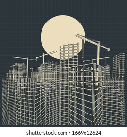 Stylized vector illustration of a sketch on the theme of the construction industry. Large skyscrapers under construction
