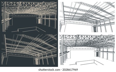 Stylized vector illustration of sketches of large industrial hangar