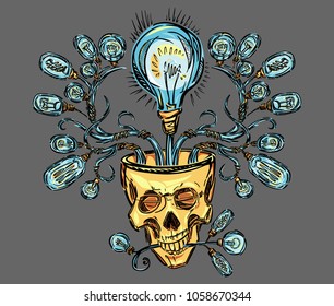 A stylized vector illustration of a skull and shining lamps.