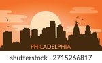  Stylized vector illustration of the skyline (city panorama) of Philadelphia (Pennsylvania, USA) against the backdrop of the sunset.

