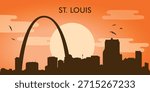 Stylized vector illustration of the skyline (city panorama) of St. Louis (Missouri, USA) against the backdrop of the sunset.