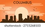 Stylized vector illustration of the skyline (city panorama) of Columbus (Ohio, USA) against the backdrop of the sunset.