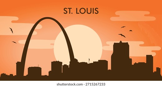 Ilustración vectorial estilizada del horizonte (panorama de la ciudad) de St. Louis (Missouri, Estados Unidos) con el telón de fondo de la puesta de sol.