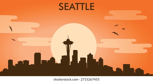 Stylized vector illustration of the skyline (city panorama) of Seattle (Washington State, USA) against the backdrop of the sunset.

