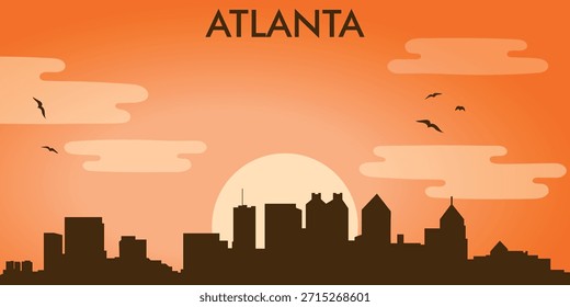 Ilustración vectorial estilizada del horizonte (panorama de la ciudad) de Atlanta (Georgia, EE.UU.) con el telón de fondo de la puesta del sol.