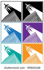 Stylized vector illustration of skyscrapers and flying over them airliner