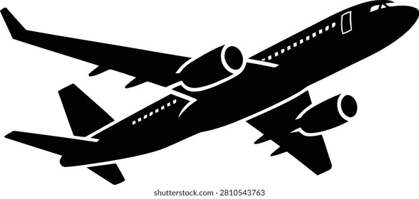 Stylized vector illustration of a sleek commercial airplane in mid-flight with engines visible.