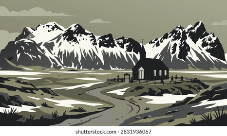 A stylized vector illustration of a small church with a cemetery, situated in front of dramatic snow-capped mountains under a cloudy sky.