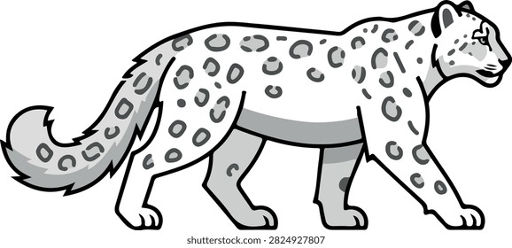 A stylized vector illustration of a snow leopard walking, featuring bold outlines and a simple grey and white color palette.