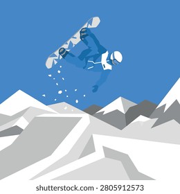 A stylized vector illustration of a snowboarder jumping high above snow-covered mountain peaks.