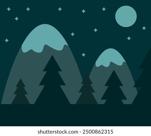 Stylized vector illustration of snowy mountains with trees under a starry night sky.
