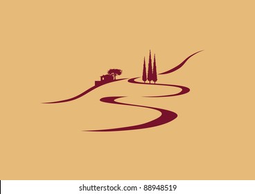 stylized vector illustration with southern european landscape, farm house, cypress trees and winding road