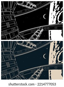 Stylized vector illustration of space orbital station closeup