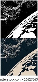 Stylized vector illustration of Spacecraft in orbit of a distant planet