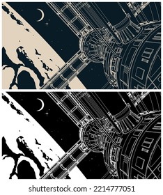 Stylized vector illustration of a spaceship orbiting the planet closeup