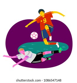 Stylized vector illustration of Spanish football player jumping with the ball to avoid a German football player sliding tackle