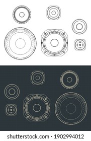 Stylized vector illustration of speakers set drawings