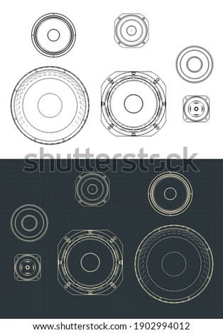 Stylized vector illustration of speakers set drawings