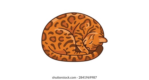A stylized vector illustration of a spotted Bengal cat curled up into a tight ball while sleeping peacefully.