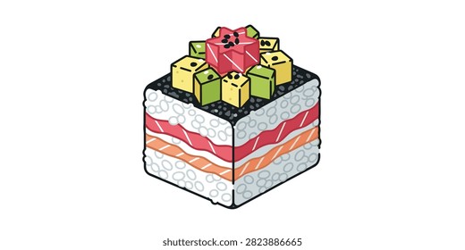 A stylized vector illustration of a square-shaped sushi cube layered with rice, fish, and topped with diced avocado and tuna.