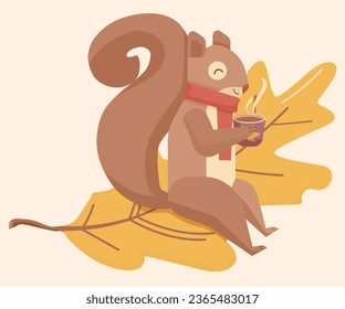 Stylized Vector Illustration of a Squirrel Drinks Morning Coffee, Autumn Squirrel Cartoon, Autumn  Animal Character