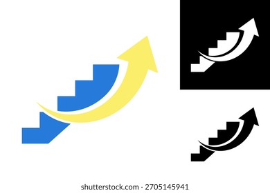 Ilustración vectorial estilizada de una escalera que conduce hacia arriba con una flecha vibrante, que transmite conceptos de avance, mejoramiento y éxito futuro