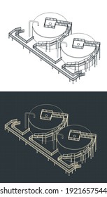 Stylized vector illustration of a storage tank isometric drawings
