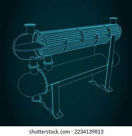 Ilustración vectorial estilizada de la estructura del intercambiador de calor de cáscara y tubo