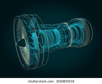 Stylized vector illustration of structure of turbofan engine