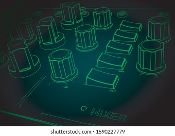 Stylized vector illustration of a Studio equipment mixer close-up with a large number of buttons, switches, light bulbs and other controls in retro poster style