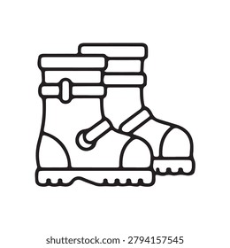 Stylized vector illustration of sturdy outdoor footwear with detailed buckle straps and rugged treads.