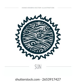 Stylized vector illustration of the Sun with abstract texture, flame outline, and vintage engraving elements. Bold graphic solar symbol for cosmic and educational designs. Part of set.