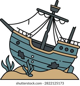 A stylized vector illustration of a sunken wooden ship resting on the sandy ocean floor with seaweed.