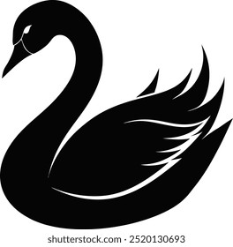 Stylized vector illustration of a swan featuring a smooth, curved neck and detailed line art. This elegant design showcases pronounced feathers and is presented in solid black