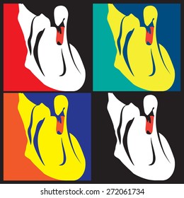 stylized vector illustration of swans in different color interpretations