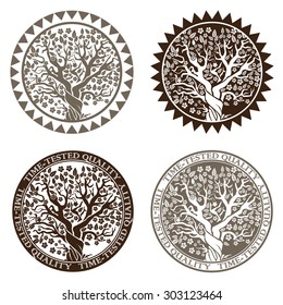 Stylized Vector Illustration. Symbol Or Stamp Blossoming Tree Symbolizes Prosperity And Quality Proven Over The Years