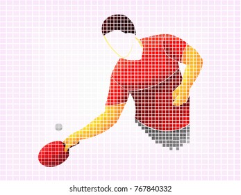 Stylized vector illustration of a table tennis player in motion, made with a pixel mosaic effect, red shirt and racket, striking a ball on a pink square grid background.