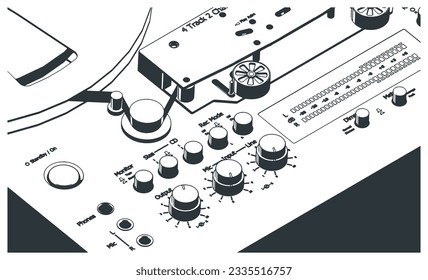 Stylized vector illustration of tape drive mechanism of reel-to-reel tape recorder close-up