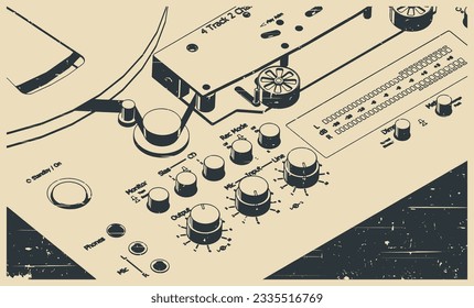 Stylized vector illustration of tape drive mechanism of reel-to-reel tape recorder close-up in retro poster style