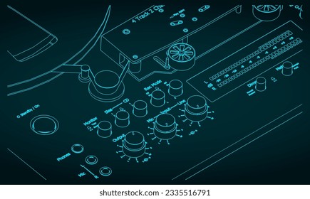 Stylized vector illustration of tape drive mechanism of reel-to-reel tape recorder close-up
