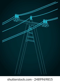 Stylized vector illustration of technical drawing  of utility pole power lines with wires