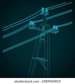 Stylized vector illustration of technical drawing  of utility pole power lines with wires